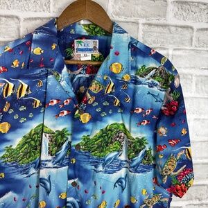 RJC Hawaiian Vibrant Blue Sea Life Print Button Up Camp Shirt Mens XL Cotton